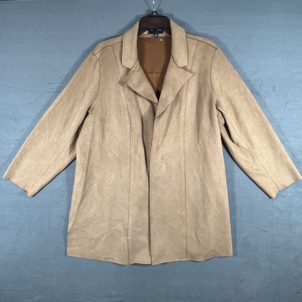 Premise Woman 1X Plus Size Tan Faux Suede Open Front Duster Jacket Cardigan Coat